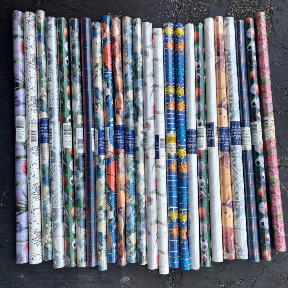Lot 24 Rolls Gift Wrap Gibson American‎ Greetings VTG Deadstock Floral Sports